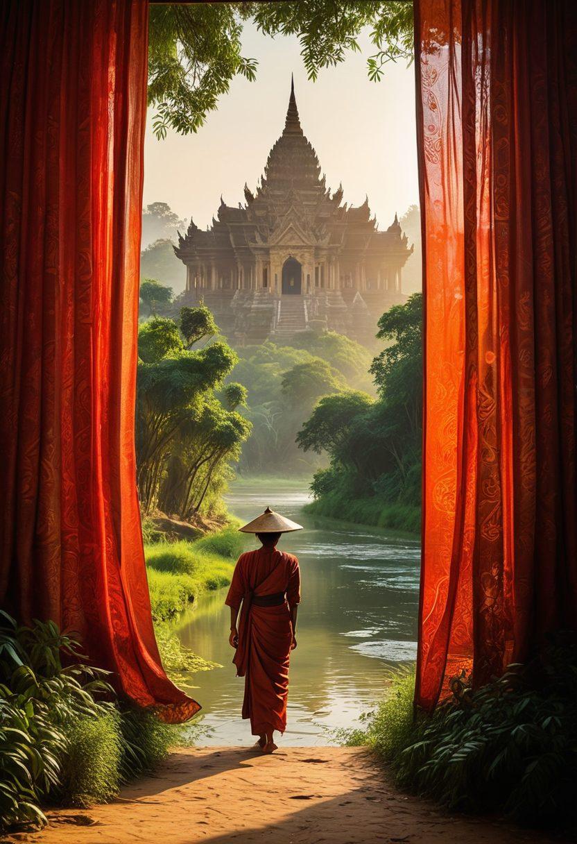 An artistic depiction of a richly textured curtain being drawn back, revealing a vibrant and colorful landscape of Myanmar, blending traditional cultural elements with erotic artistry. Include silhouettes of creative minds at work, such as artists and dancers, intertwined with natural scenery like temples, rivers, and lush greenery. The atmosphere should be alluring and mysterious, with soft, warm lighting that enhances the sense of creativity and passion. super-realistic. vibrant colors. dynamic composition.