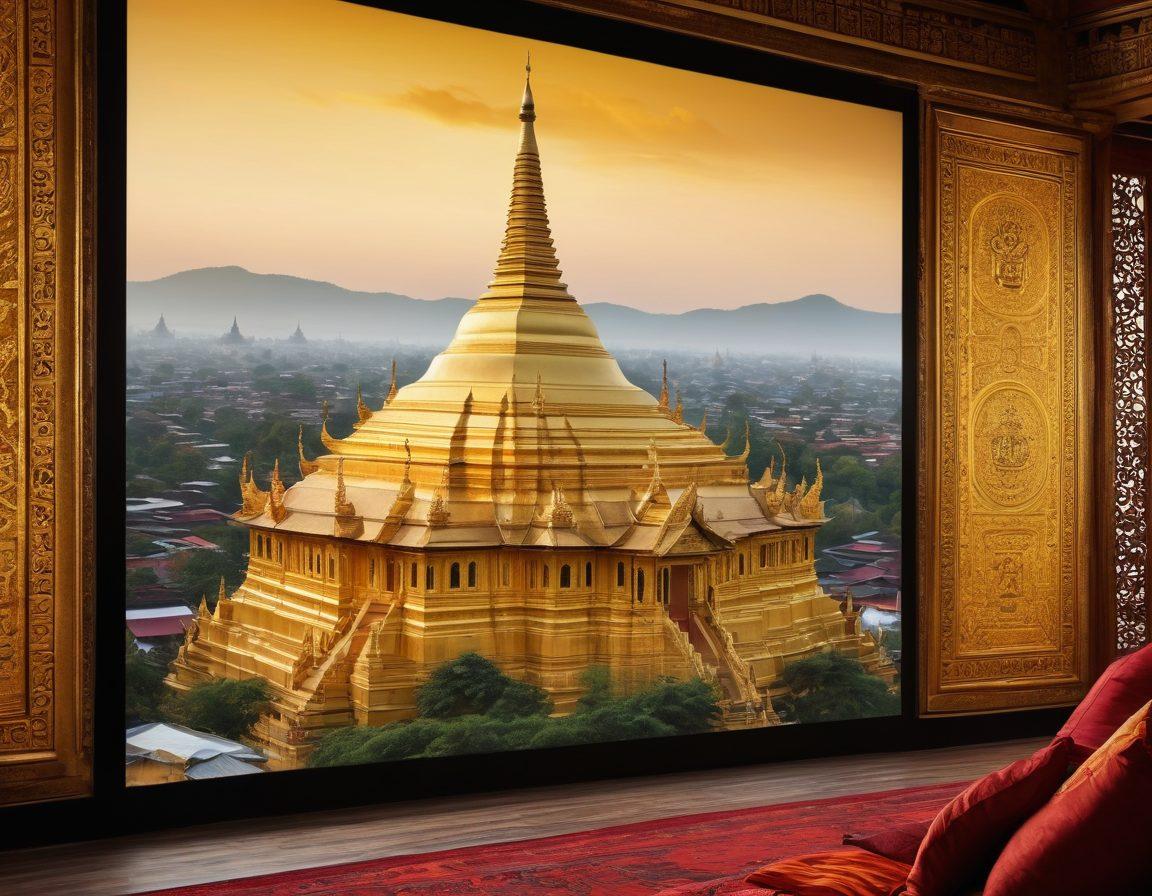 An artistic representation of Myanmar's rich culture intertwined with digital technology. Showcase traditional Burmese elements, such as the golden pagodas and intricate patterned fabrics, seamlessly merging with modern digital screens displaying adult entertainment trends. Incorporate vibrant colors to reflect both cultural heritage and the dynamic nature of online trends. Include subtle hints of social media icons and streaming visuals in the background. super-realistic. vibrant colors. 3D.