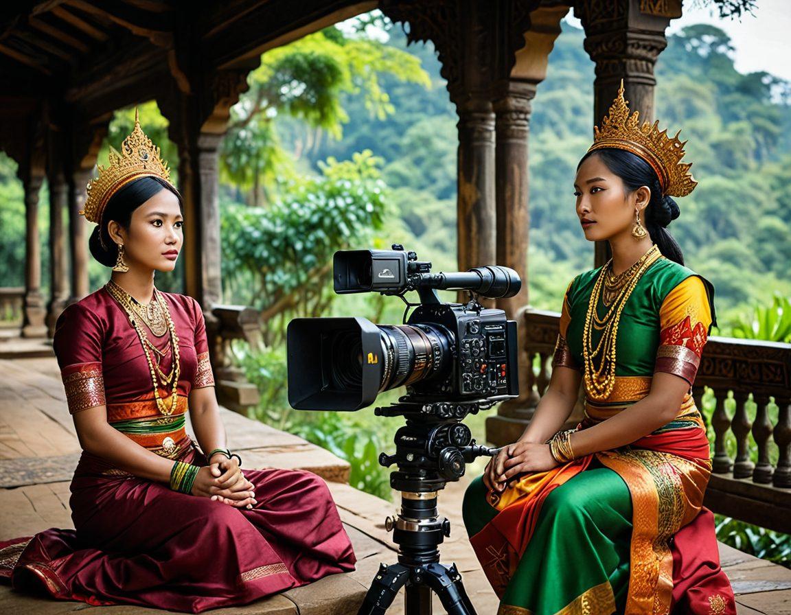 A dramatic scene capturing a vibrant Burmese film set, with colorful traditional costumes and intricate set designs, while a camera crew films a passionate scene. Include elements of both modern and traditional Myanmar, with a hint of glamour and intrigue surrounding the adult entertainment theme. The backdrop features lush green landscapes emblematic of Myanmar. super-realistic. vibrant colors. cinematic style.